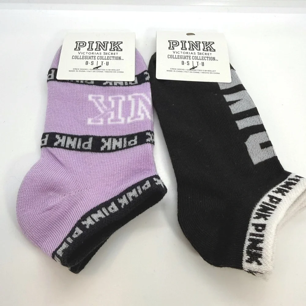 Victoria's Secret PINK Collegiate Collection Socks 2-Pack Purple & Black No Show